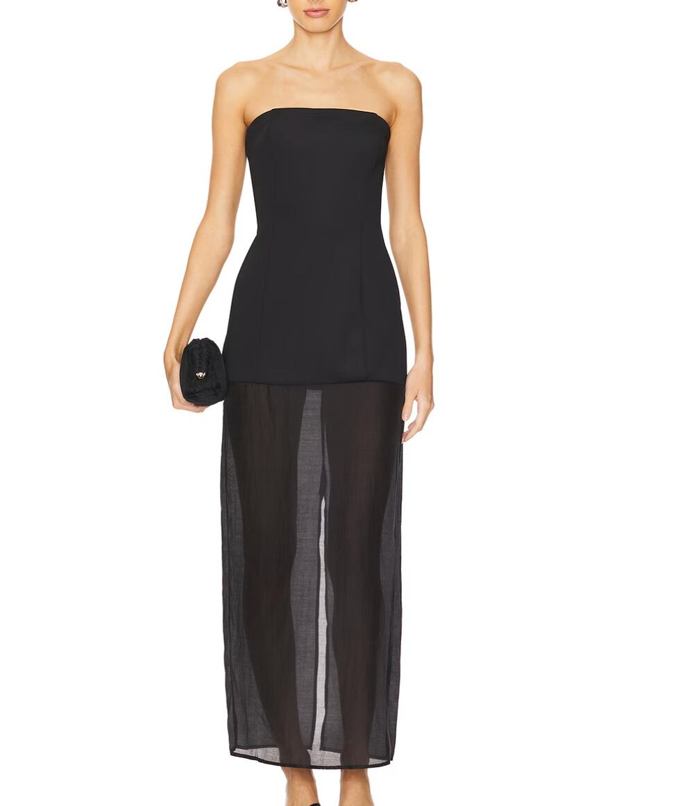 SNDYS Chloe Black Strapless Straight Neck Sheer Bottom Maxi Dress Medium BNWT